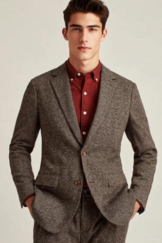 VENNYNG Men's Tweed Jacket Pant Set Single Breasted 2 Piece Wedding Suit Business Formal Holiday Events Slim Fit2