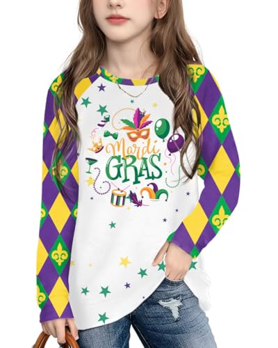 Image of Mardi Gras Shirt for Kids: Toddler Boys Girls Mardi Gras Long Sleeve Happy Carnival Outfits Mask Graphic Tee 4-12 Years