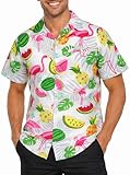 King Kameha Camisa Hawaiana Hombre Manga Corta, Flamingo Melon, Blanco, XS