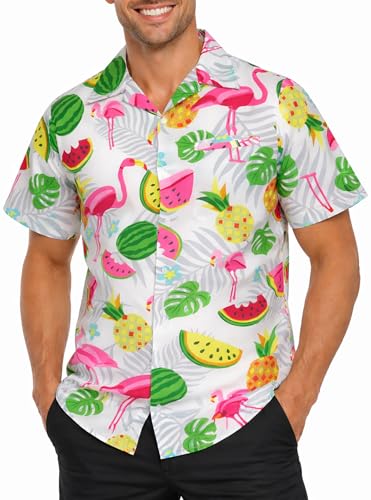 King Kameha Camisa Hawaiana Hombre de Manga Corta, Flamingo Melon, Blanco, L