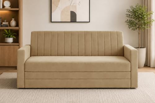 Image of 3-Seater Velvet Sofa Cum Bed with Armrests | Modern Convertible Sleeper Couch | Stylish Sofa Bed for Living Room, Bedroom & Office | Golden