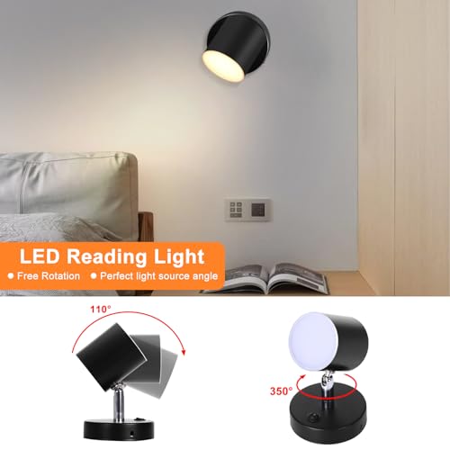 Image of Kawell Modern LED Wall Sconce with Switch - Rotatable Hardwired LED Wall Lamp for Bedside, Study, Child Room - Nordic Style, Black(3000K)