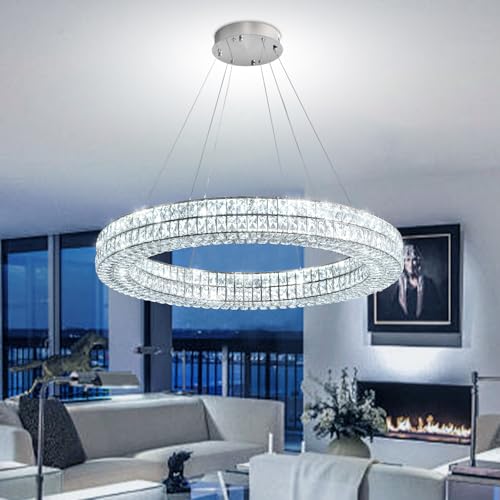 IDEQUY Modern Luxury Crystal Chandelier for Dining Room 32" LED Ring Pendant Light Adjustable Dimmable 2700k-6000k