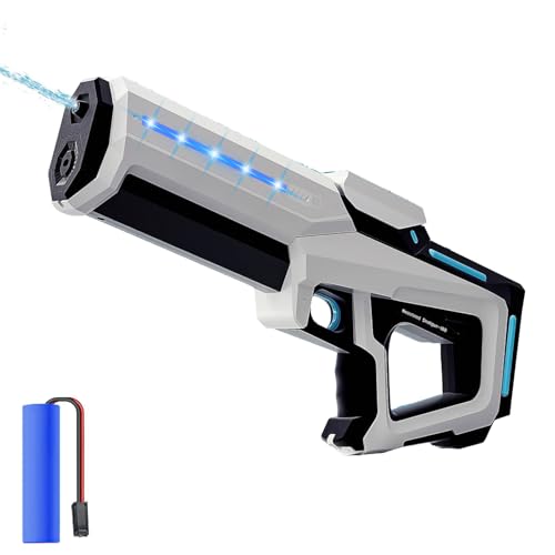 Wasserpistole Elektrisch, 300ML 2 in 1 Wasserspritzpistole mit LED Licht, Anschließbar Wasserflasche, Wasserpistole Erwachsene und Kind für Pool, Garten, Strand (Weiß)