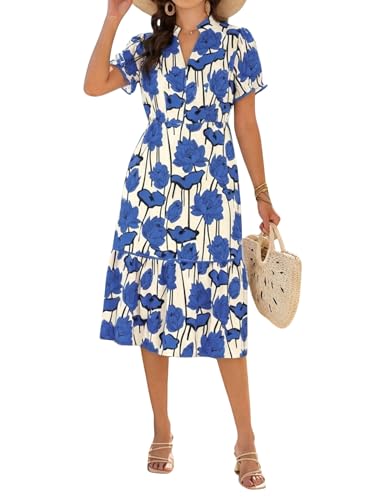 Image of Theenkoln Womens Casual Midi Dress: Short Sleeve V-Neck Empire Waist Gingham Spring Fashion Long Trendy Tiered Formal Dresses