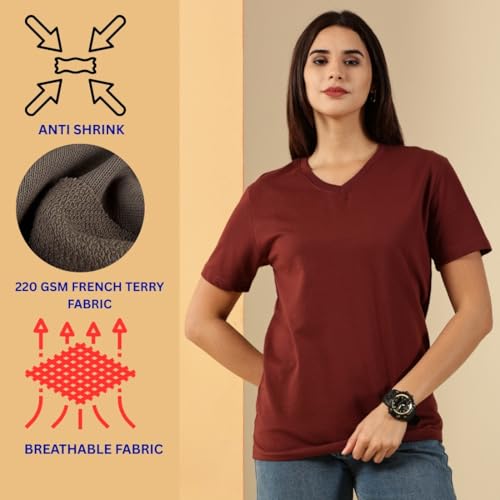 Image of Women's Pure Cotton Relaxed Fit V-Neck Half Sleeve T-Shirt | Gym Wear Casual Look T-Shirt | Regular Fitting with Comfort Wear for Women