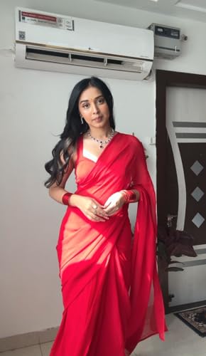 Image of StyleScope Women's Plain Georgette Ready To Wear One Minute Saree With Unstitched Blouse Piece (Kalki)