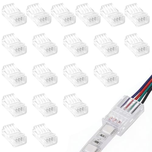 Voltrique 20PCS 4 Pin 10mm LED Strip Transparent Connectors for 10mm Waterproof or Non-Waterproof SMD RGB 5050/3528 LED Strip Lights RGB Lights Adapter Clear Unwired Gapless Track Lighting Connector