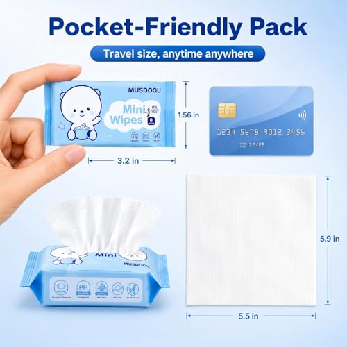 MUSDOOU 12 Pack Mini Travel Wet Wipes, 8 Wipes Each, Pocket Size Portable Wipes with 99.5% Water, Unscented Gentle Cleansing Wet Wipes for Travel Size Essentials, Office, Outdoor & Everyday Use - Image 2