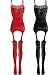 LOVELYBOBO 2-Pack Womens Fishnet Lingerie Striped Crotchless Plus Size Bodysuits Suspenders Bodystockings(Black/Red)