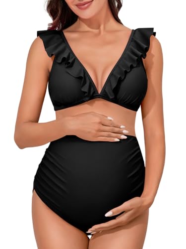 Summer Mae - Traje de baño de maternidad de cintura alta de dos piezas, bikini con volantes, traje de baño floral, cuello en V, traje de baño para el embarazo, Negro, XL