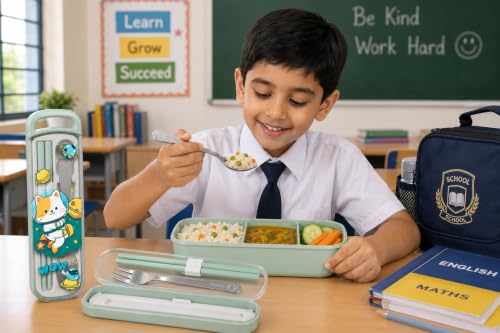 Image of Kids Cutlery Set with Box | Stainless Steel Spoon /Fork /Chopsticks | BPA-Free Food Grade Portable Lunch Utensils for School, Travel, Picnic & Camping
