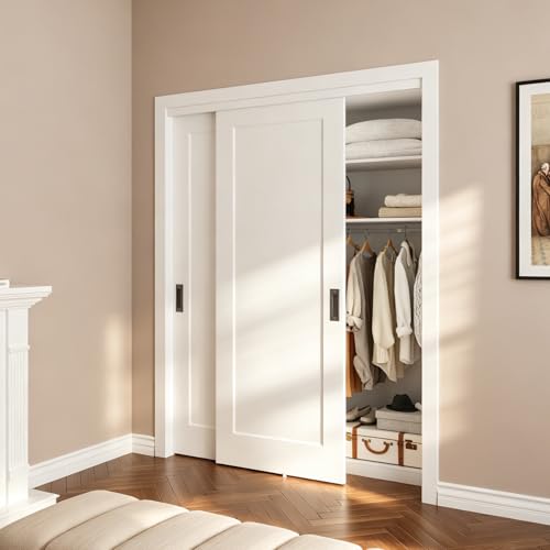 BARNSMITH 60x80 in 1-Panel Sliding Closet Door White Primed Bypass Interior Door with Top Track & Floor Guide Preassembled Door Slab with Paintable Surface