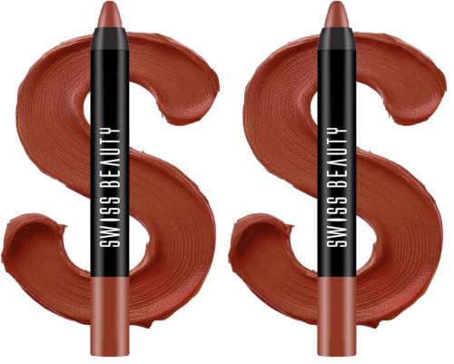 Image of Swiss Beauty Matte Long Lasting Stay Maxx Lip Crayon Lipstick | Matte Finish | 12-Hour Stay | Smudge Proof | Lightweight | Shade-Brownie Point, 3.5g (Pack of 2)