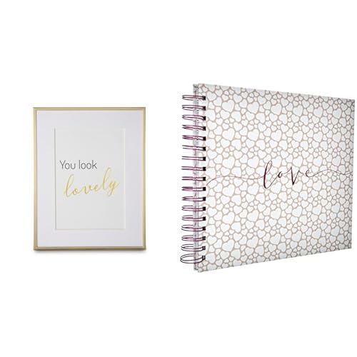 Hama Bilderrahmen 13x18 cm Gold + Fotoalbum 28x24 cm mit 40 weißen Seiten Beige/Weiß – Valentinstag Geschenkset