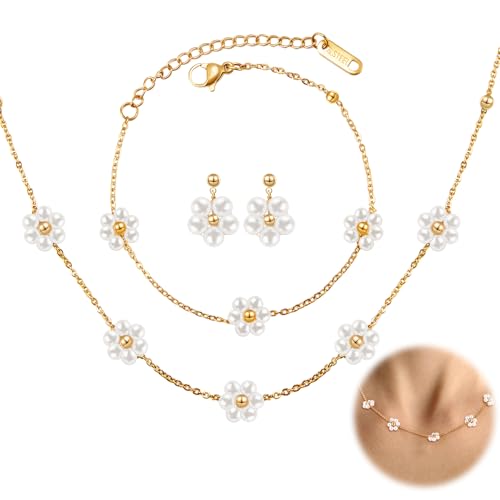 Tondiamo 4 Pcs Daisy Pearl Jewelry Set for Women 18k Gold Daisy Bracelet Necklace Gold Flower Necklace Pearl Flower Earrings for Women Valentine s Day Birthday Gifts Wedding Party