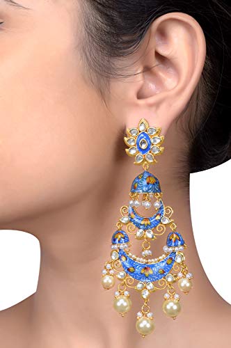 Tribe Amrapali Gold Plated Blue Floral Jhumki Lotus Pearl Earrings (BM(EER)17-52) - Image 2