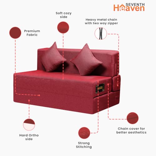 Image of Seventh Heaven 2 Seater 6 * 4 Jute Fabric Washable Cover Sofa Cum Bed with 2 Cushions 2 Seater Double Foam Fold Out Sofa Cum Bed (Finish Color - Maroon Delivery Condition - Pre-Assembled)