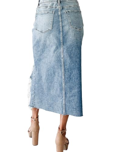 Women's Preppy Ripped Slit Denim Skirt Frayed Raw Hem Asymmetrical Trendy Midi Jean Skirts3