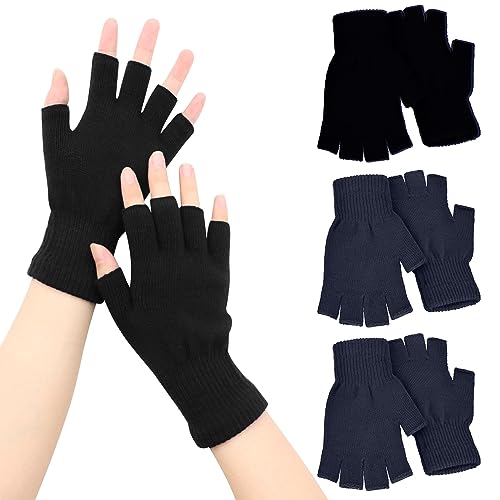 VEGCOO 4 Pairs Half Finger Gloves, Winter Knit Fingerless Gloves for Women Men (Black/Grey)