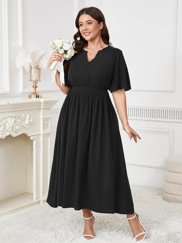 Women's Plus Size Dress for Women Wedding Guest Cocktail Smocked Ruffle Short Sleeve V Neck Flowy Maxi Dresses4