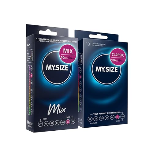 MY.SIZE Mix Set Size 6, 64 mm: 10 Classic Condoms + 10 Condoms in 4 Exciting Varieties, Flavor, Color, Ribbed