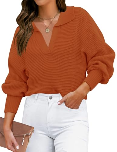 ZESICA Women's Fall Lapel Collar V Neck Long Sleeve Ribbed Knit Comfy Loose Casual Pullover Sweater Jumper Top