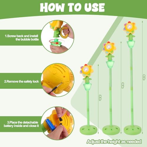 Automatic Flower Bubble Machine for Kid,Rechargeable Sun Flower Bubble Maker with Lights for Parties, 28in to 41in Adjustment Height Bubble Machine for Toddlers,Idea for Outdoor Wedding Birthday Gift - 4