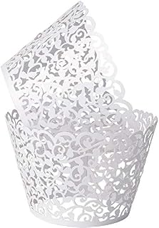 100 PCS Cupcake Wrappers, Cupcake Cases Artistic Bake Cake Paper Cups Lace Filigree Cupcake Liners Laser Cut Cupcake Muffin Cups for Wedding Party Birthday Decoration (White)