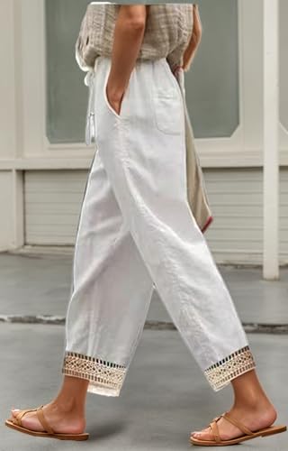 Womens Floral Print Pants Drawstring Elastic Waist Plus Size Casual Cotton Linen Pants Summer Boho Straight Leg Capri Pants2