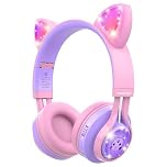 Riwbox Kids Headphones, CT-7S Cat Ear Bluetooth Headphones with LED Light, 85dB Volume Limiting, Over Ear with Microphone for Laptop/PC/TV (Pink&Purple)