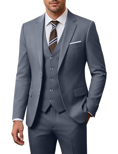 Image of Men's 3 Piece Slim Fit Suit Set, Two Button Blazer Solid Jacket Vest Pants Wedding Business Suit