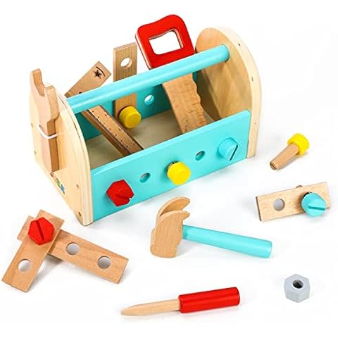 SOKA My First Toolbox Carpenter Wooden Building Tools Play Set Construction Wood Craft Pretend Play Builder Woodwork Preschool Learning Toy for Kids Children Boys Girls Ages 3 year old + Cover