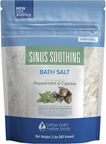 Sinus Soothing Bath Salt 32 Ounces Epsom Salt with Natural Peppermint, Eucalyptus, Cypress and Lavender Essential Oils Plus Vitamin C in BPE Free Pouch with Easy Press-Lock Seal