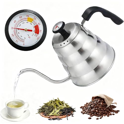 Bollitore a collo di cigno, bollitore in acciaio inox con termometro Pour Over con beccuccio lungo, adatto per caffè e tè, bollitore a goccia a mano, per fornelli a gas e elettrici
