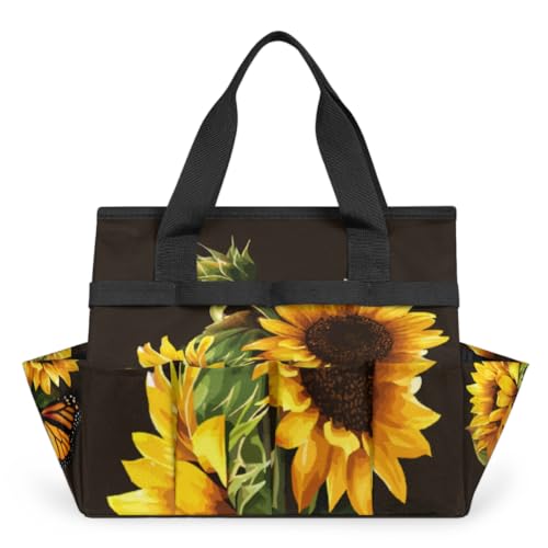 Butterfly Sunflower Funny Garden Tool Bag Waterproof Gardening Tool Storage Bag with Handle & 10 Pockets Gardening Tote Bag for Women Garden Tool Organizer
