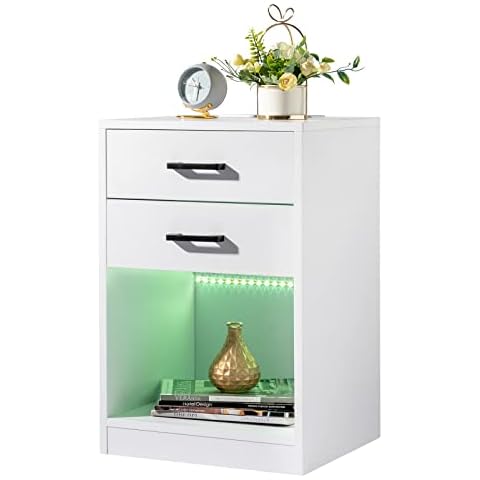 Galunt Nightstand with Wireless Charging Station and Led Lights, Bedroom Nightstand with Led Light, Sofa End Table with Charging Station, Bedside Table with Open Shelf (White,2 Drawers) Cover