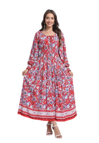 Image of OSTOO Women's 2026 Casual Long Sleeve Square Neck Smocked High Waist Flowy Maxi Dress,Boho Tiered Beach Party Dress