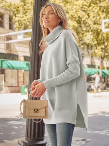 Image of LILLUSORY Women's Turtleneck Oversized Sweaters Long Batwing Sleeve Spilt Hem Tunic Pullover Knit Tops