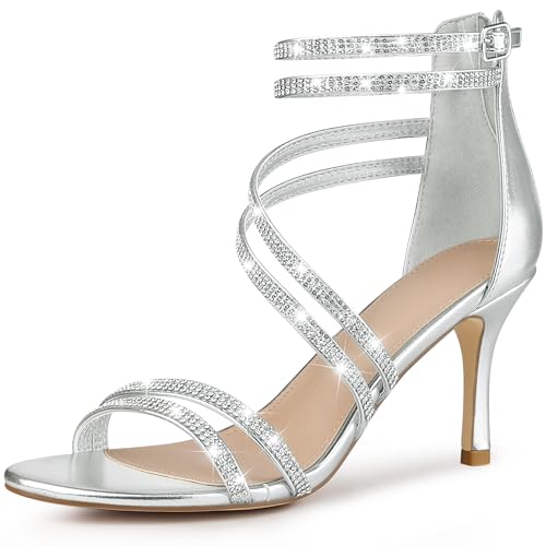 Perphy Stiletto Heel Strappy Rhinestone Heels Sandals for Women