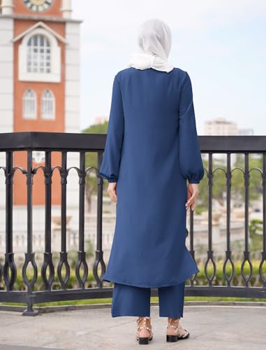 Image of IDOPIP Abaya Dress for Women Muslim Set Long Sleeve Chiffon Islamic Dress Shirt with Pants 2PCS Dubai Prayer Casual Clothes