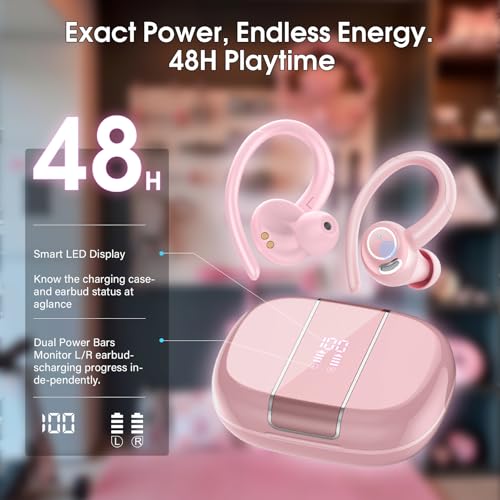 Image of Wireless Earbuds Bluetooth 5.3 Headphones Sports, 48H Earphone with ENC Mic, Stereo Deep Bass Bluetooth Earbuds with Secure Earhooks, LED Display, IPX7 Waterproof Over Ear Bud for Running /Workout Rose