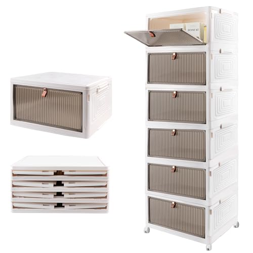 Lacusmall 23L 6 Layers Aufbewahrungsbox mit Deckel Groß, Stapelbare Aufbewahrungsboxen Plastikbox, Faltbare Aufbewahrungsboxen mit Rädern für Haus und Büro Organisation und Lagerung(Weiß, 6 Layers)
