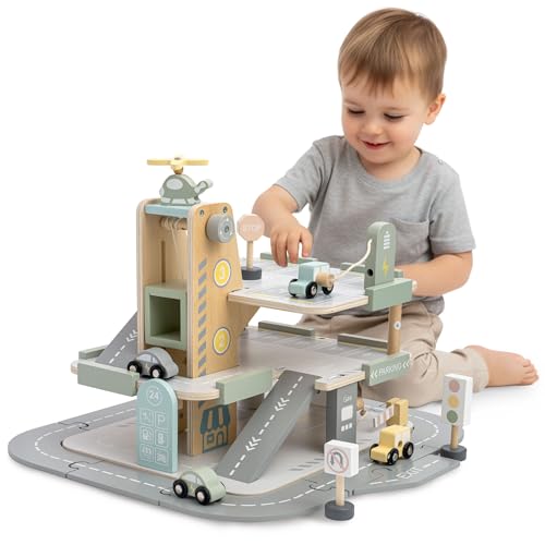 Mamabrum Garage en Bois pour Enfants avec Ascenseur Et Accessoires – Parking À Étages avec Station De Lavage Et Hélicoptère – Jouet Éducatif – Compatible avec...