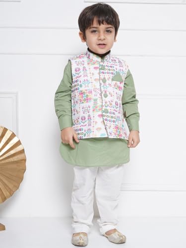 Image of AJ DEZINES Kids Cotton Full Sleeve Printed Kurta Pajama & Waistcoat Set for Boys - Ethnic wear | Special Occasion & Party Outfit | Mandarin Collar Waistcoat for boys - Regular Fit