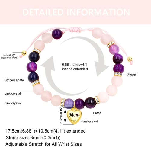 Image of Uloveido Natural Stone Mom Heart Charms Beaded Bracelets for Mum from Son or Daughter With Massage Card and Box | Mothers Day Jewelry Gifts