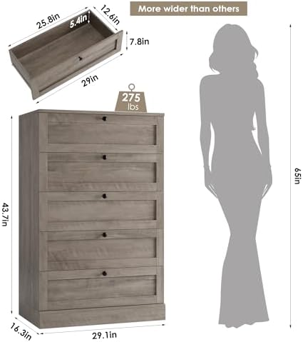 HOSTACK 5 Drawer Dresser for Bedroom, 43.7" Tall Dresser & Chest of Drawers, 29" W Drawer Chest with Metal Handles, Wood Vertical Storage Cabinet for Living Room, Hallway, Entryway, Ash Grey