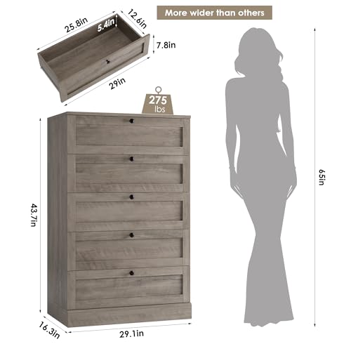 HOSTACK 5 Drawer Dresser for Bedroom, 43.7" Tall Dresser & Chest of Drawers, 29" W Drawer Chest with Metal Handles, Wood Vertical Storage Cabinet for Living Room, Hallway, Entryway, Ash Grey