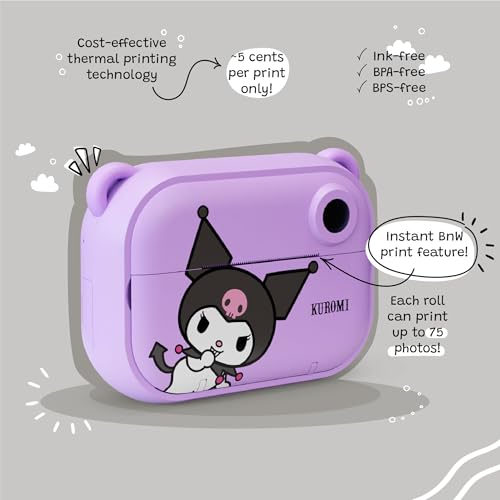 Image of kiimento Sanrio Licensed Instant Print Digital Camera, Best Travel Buddy Kuromi, 2.4 inch HD Screen, Ink-Free B&W Printing, Selfie Lens, 1080p Video, 32GB Memory Card (Model P)