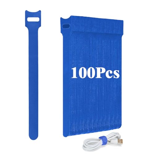 100 PCS Cable Ties Reusable - 150x12 mm Adjustable Cable Straps Nylon Charging Cord Hook and Loop Securing Tape Wire Tidy Straps Organiser, Ideal for Electronics Headphones - Blue